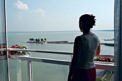 Panorama of Lake Balaton from the terrace of the Helikon Hotel